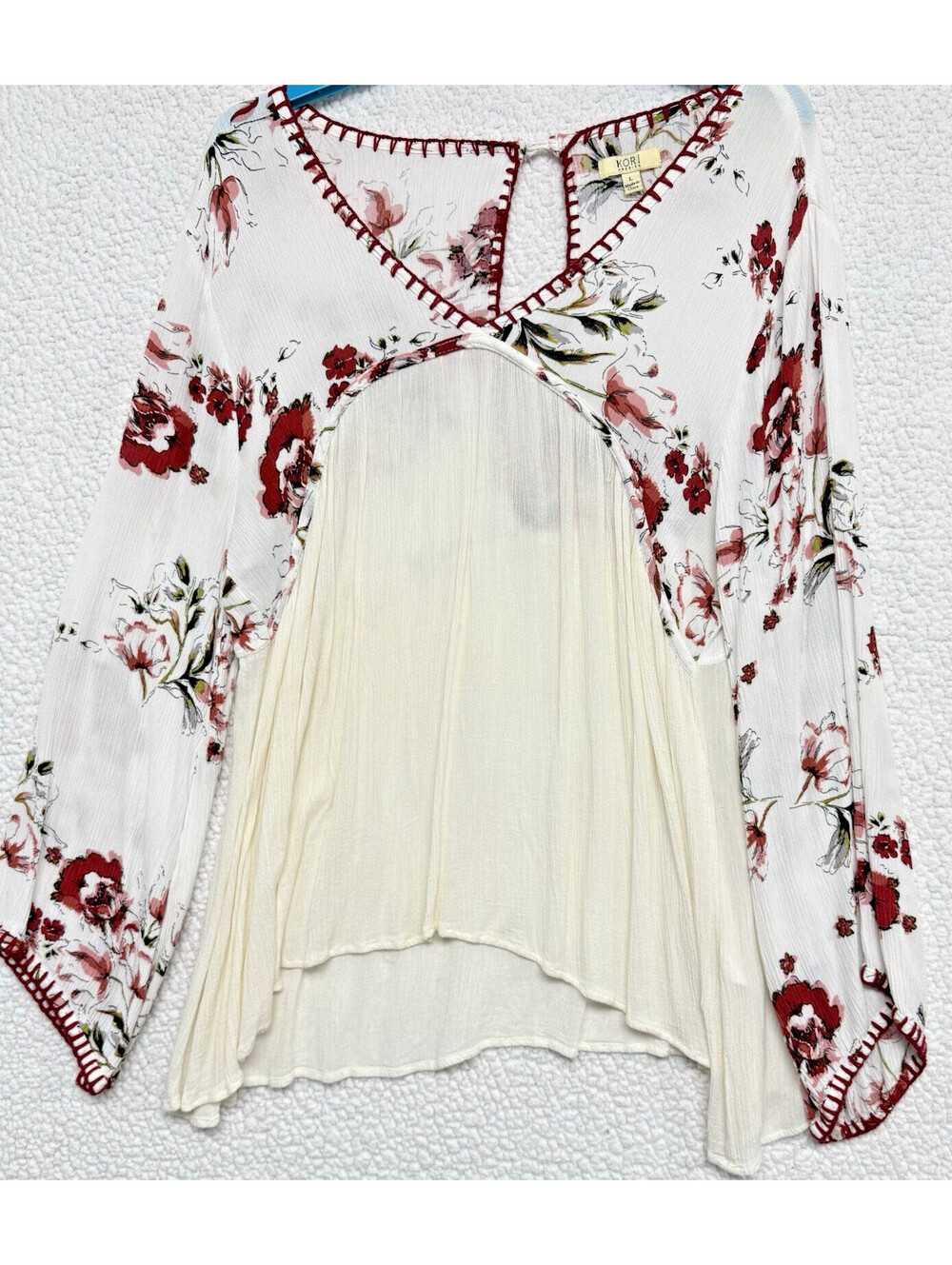 Kori America Womens Large Floral Bell Sleeve Blouse Boho Crochet Trim Tunic